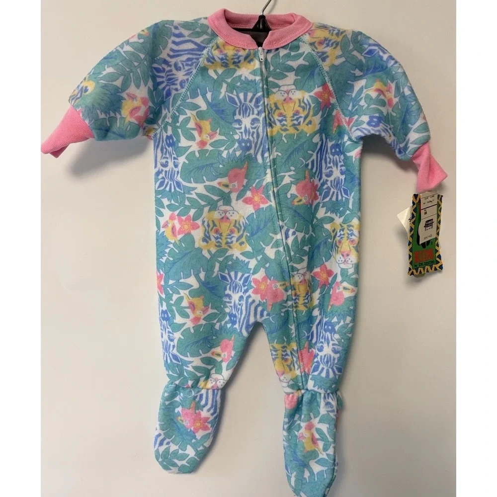 VTG Dr. Denton's Deadstock Baby blanket sleeper Zoo Word Wildlife Fdn 6M Fleece